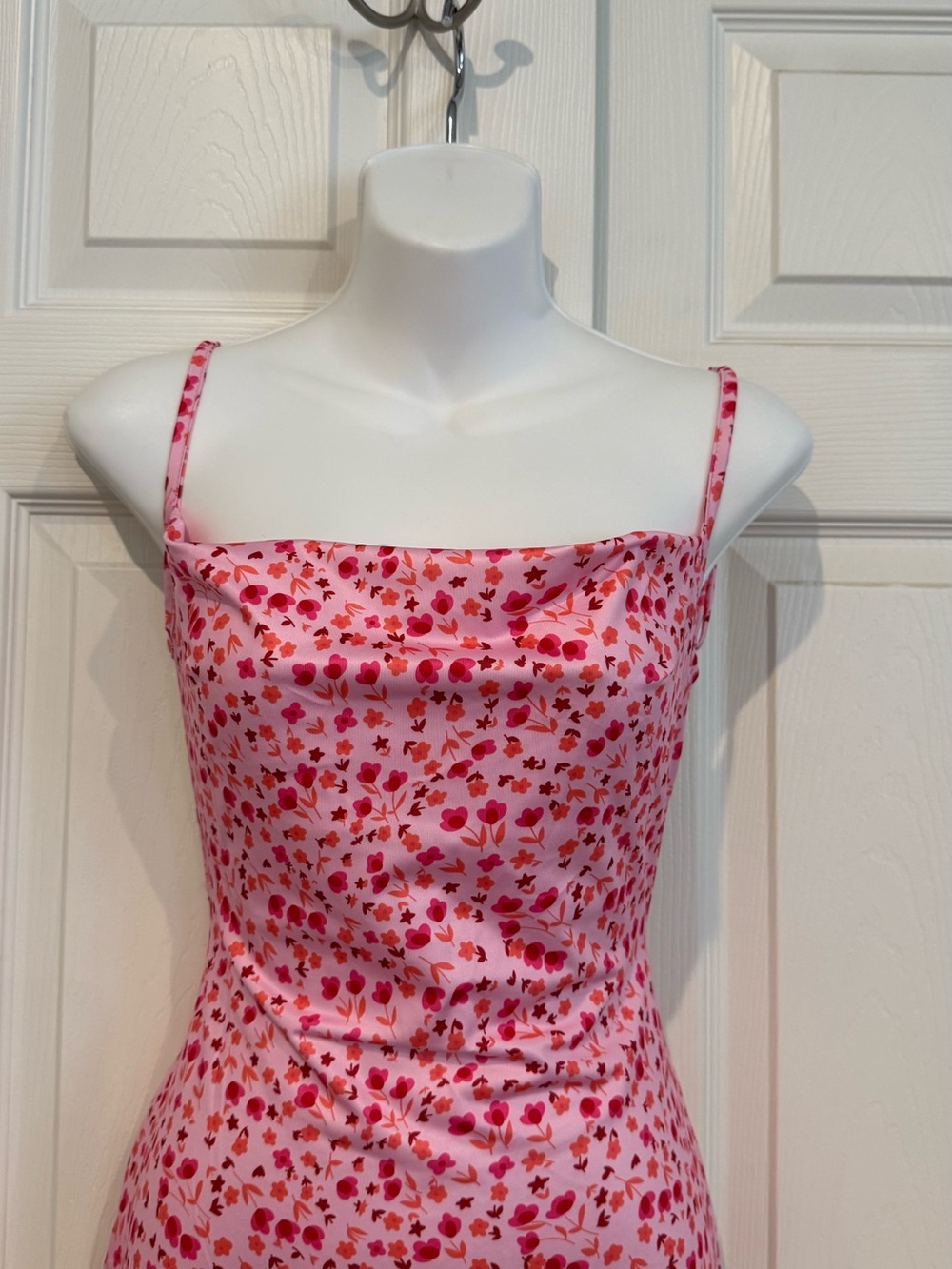 Pink Satin Floral Slip Dress with Spaghetti Straps